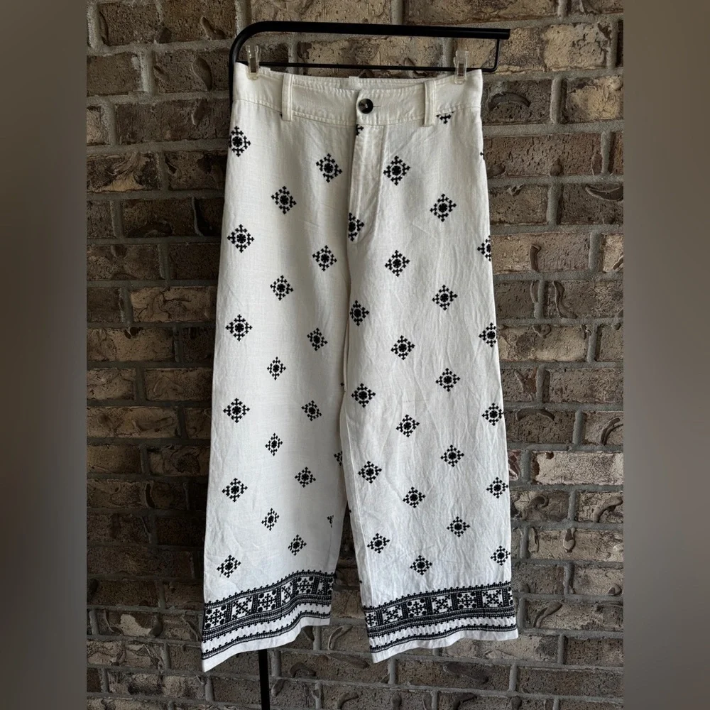 ZARA Linen Blend Embroidered Wide Leg Pants White Black Boho Resort S